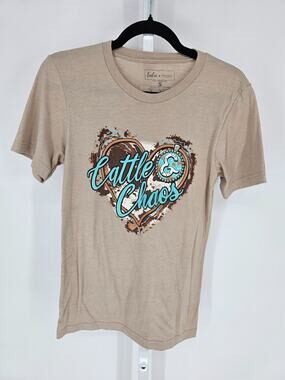 Lulu + Mac Womens Sz S Short Sleeve T Shirt Cattle & Chaos Western Beige